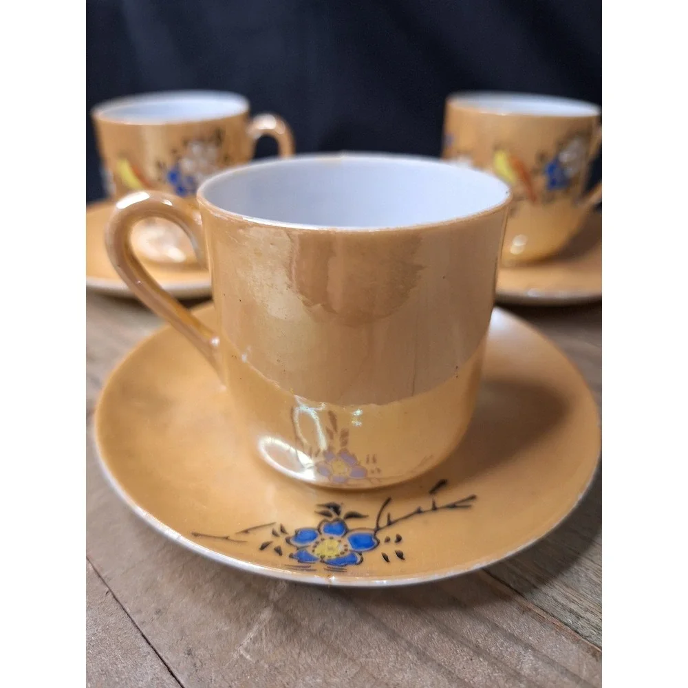 Vintage Lusterware Demitasse Tea Cups Saucers Set 2 Japan Bird Floral Iridescent